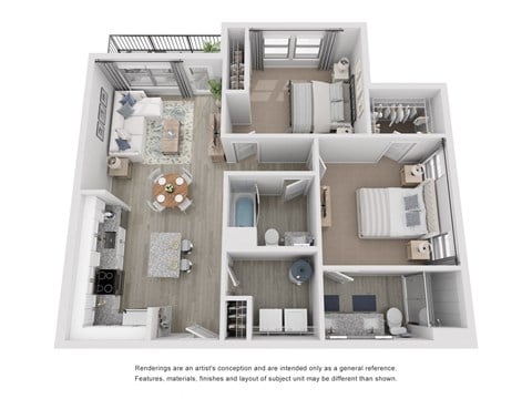 Floor plan for 2 beds, 2 baths, 1036 sqft
